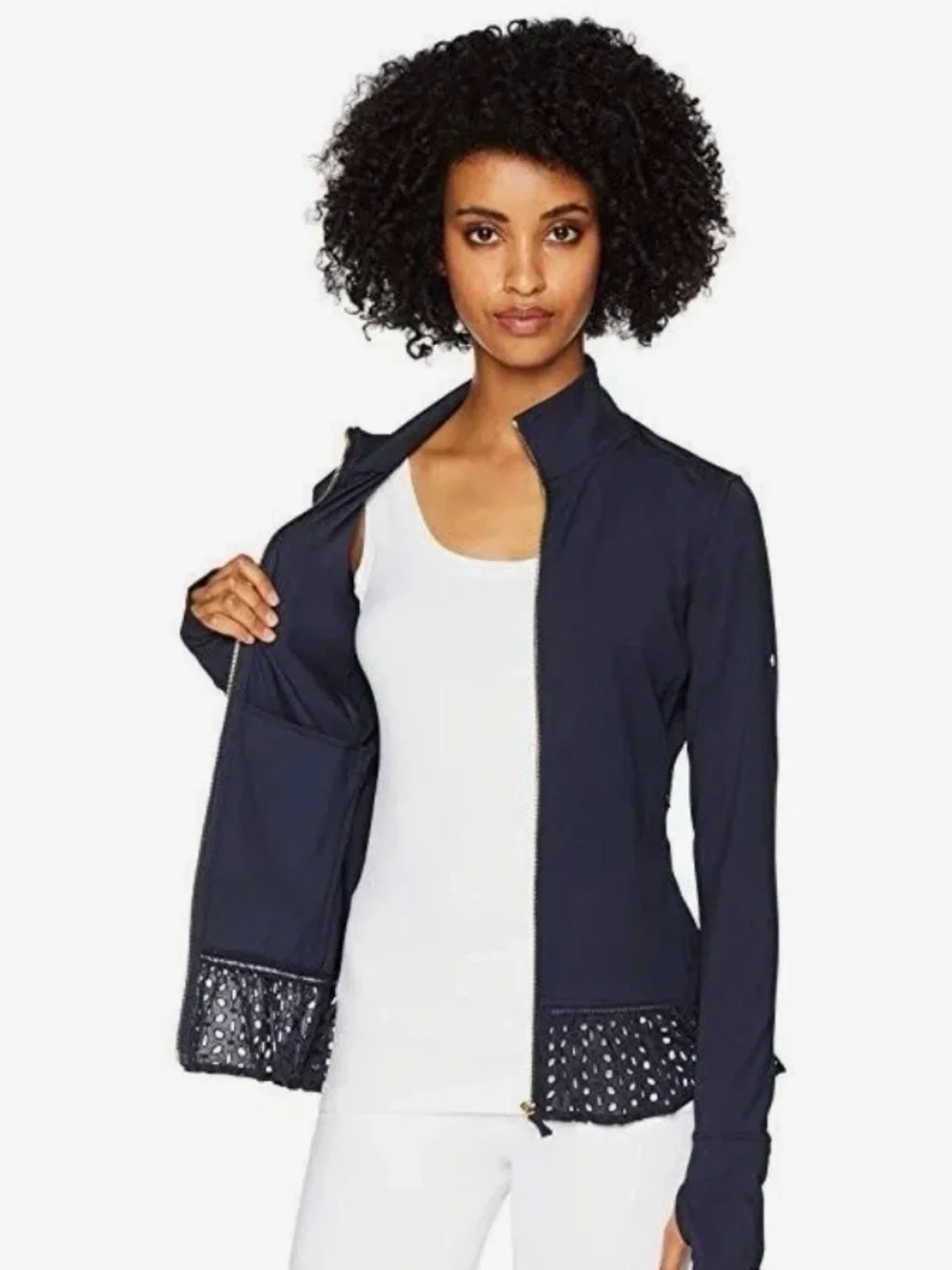 KATE SPADE ♠️ Womens Navy Full-Zip Jacket with Laser-Cut Peplum